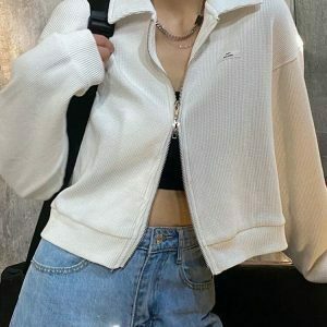 Y2K Grunge Zipper Casual Cropped Jackets - Retro 90s Summer Outfits, Pastel Goth Style