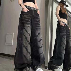 Y2K Harajuku Streetwear Black Women's Jeans - Vintage Baggy Straight Denim Wide Leg Pants with Hip Hop