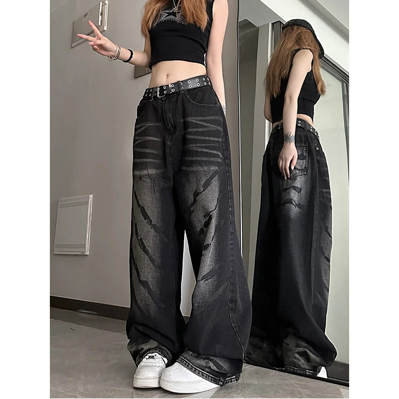 Y2K Harajuku Streetwear Black Women's Jeans - Vintage Baggy Straight Denim Wide Leg Pants with Hip Hop