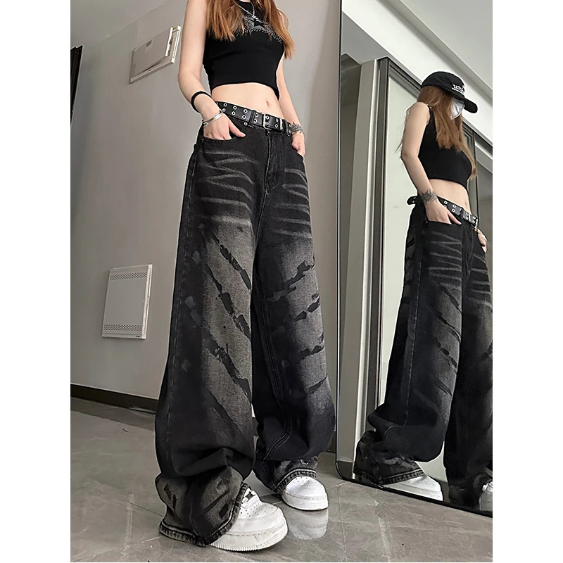 Y2K Harajuku Streetwear Black Women's Jeans - Vintage Baggy Straight Denim Wide Leg Pants with Hip Hop