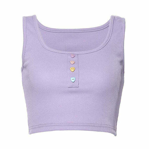 Y2K Heart Button Ribbed Top - 90s Grunge, Retro Summer, Pastel Goth, Y2K