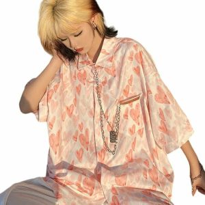 Y2K Heart Print Polo Shirt - Retro 90s Grunge Summer Outfit, Y2K Fashion Top