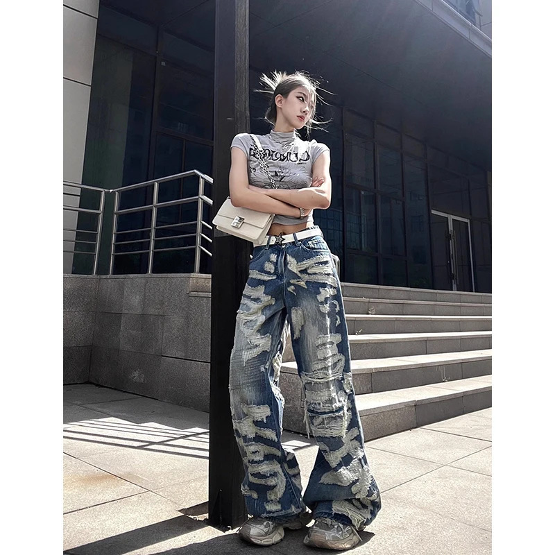 Y2K High Waist Blue Jeans with Hollow Out Detail - Retro Streetwear Fashion