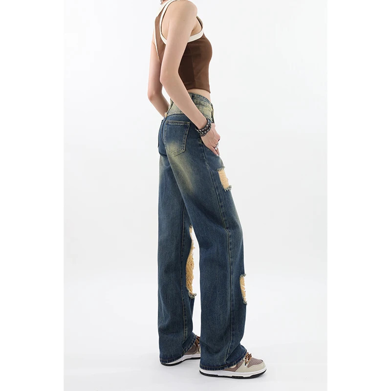 Y2K High Waist Blue Jeans with Hollow Out Detail - Retro Streetwear Fashion