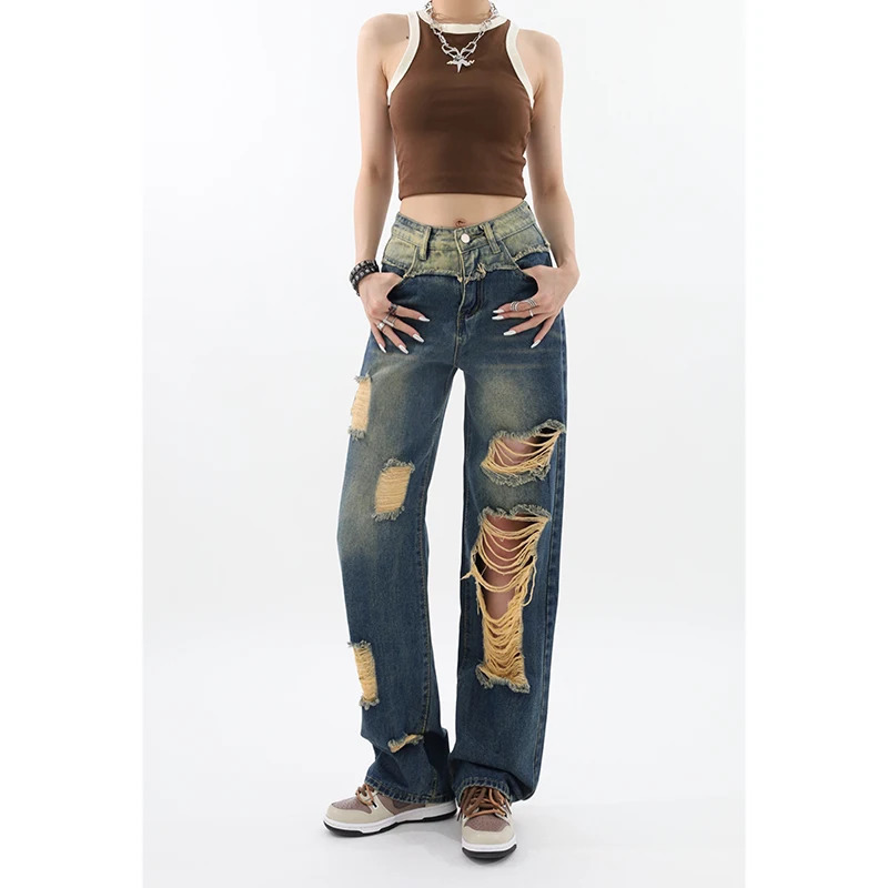 Y2K High Waist Blue Jeans with Hollow Out Detail - Retro Streetwear Fashion