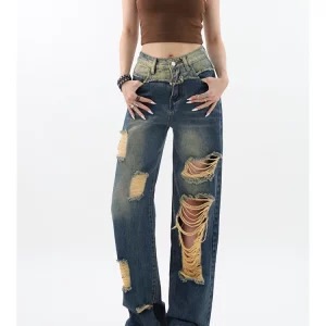 Y2K High Waist Blue Jeans with Hollow Out Detail - Retro Streetwear Fashion