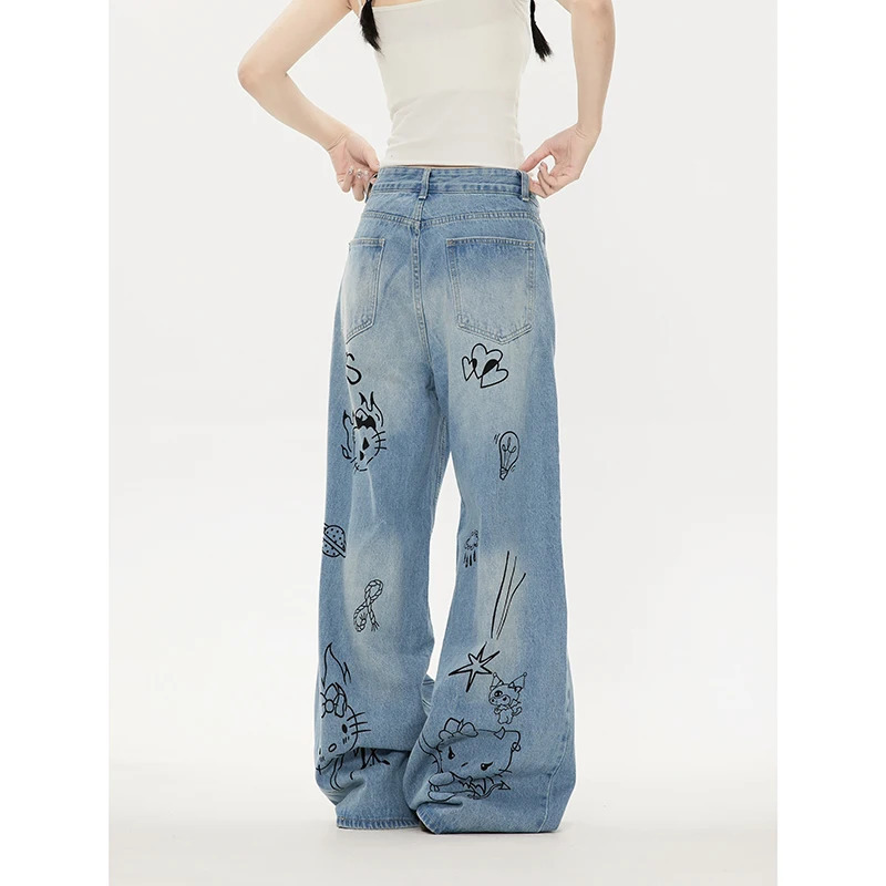 Y2K High Waist Print Straight Jeans - Women's Casual High Street Denim Trouser