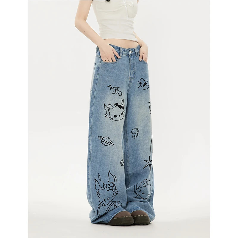 Y2K High Waist Print Straight Jeans - Women's Casual High Street Denim Trouser