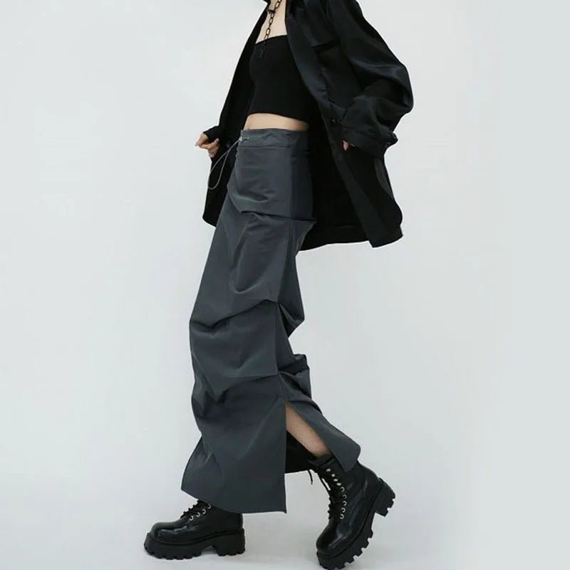 Y2K High Waist Split Long Cargo Skirt - 90s Grunge, Retro, Summer, Party, and Club