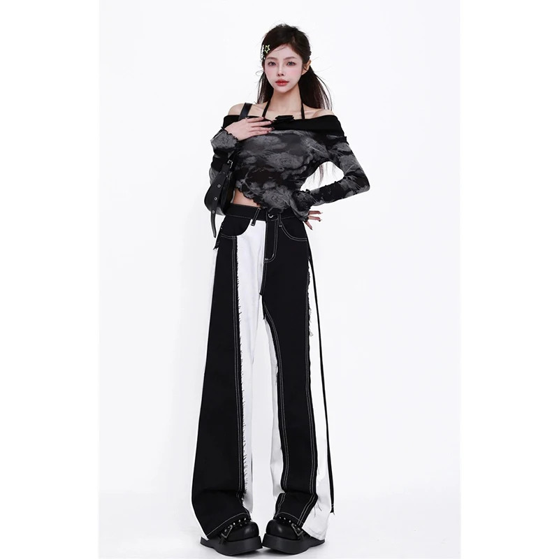 Y2K High Waist Wide Leg Jeans for Women - American Style with Contrasting Colors and Chic Spliced Design