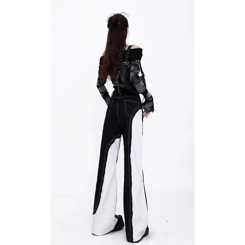 Y2K High Waist Wide Leg Jeans for Women - American Style with Contrasting Colors and Chic Spliced Design