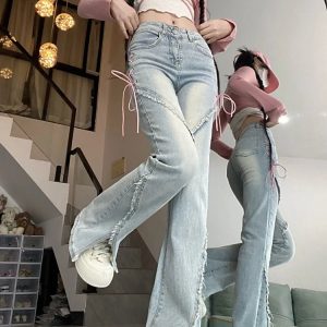 Y2K High Waisted Bandage Jeans - Retro 90s Grunge, Summer Outfits, Y2K Fashion