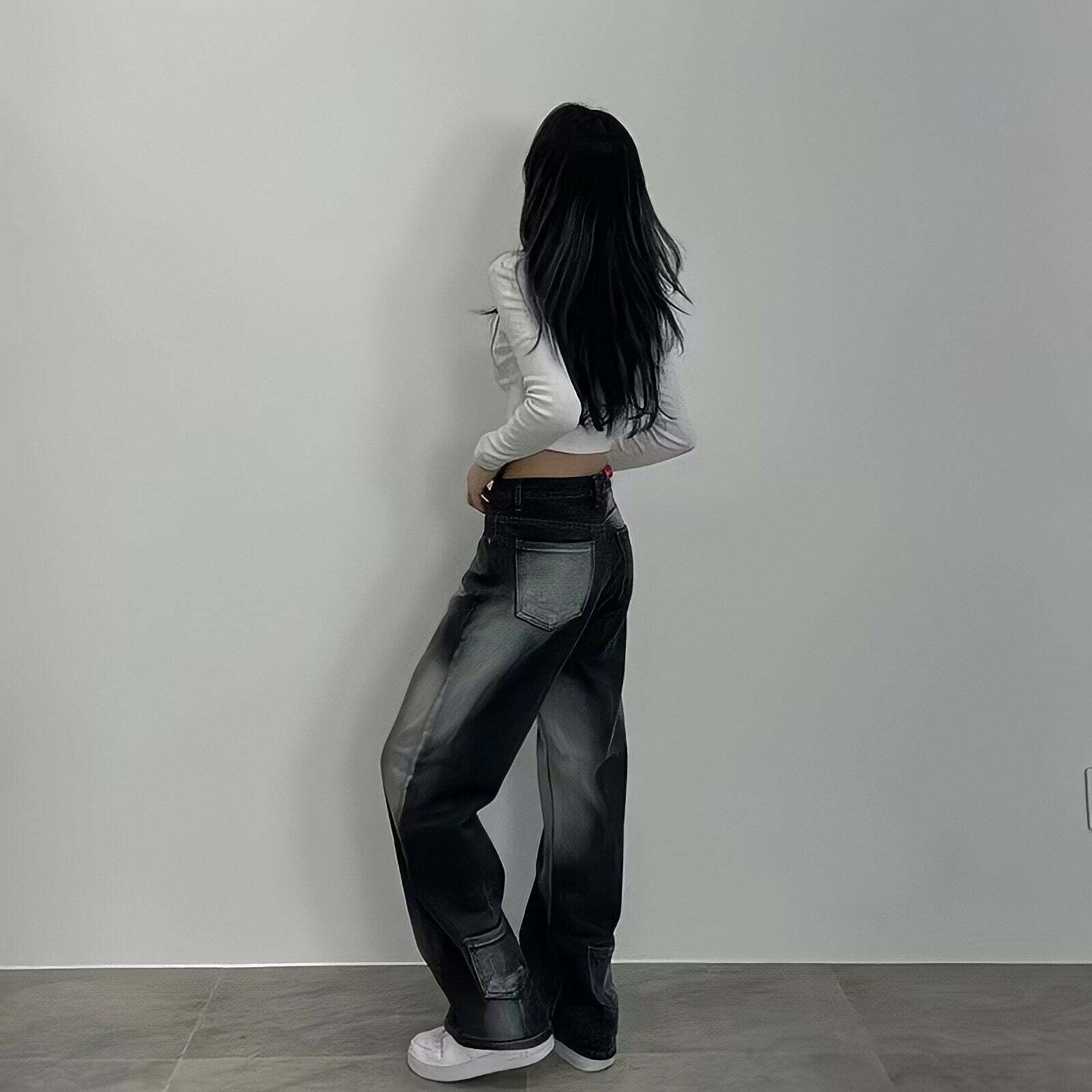 Y2K High Waisted Black Denim Pants - 90s Grunge, Retro, Summer, Party, and Club Out