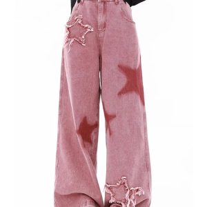 Y2K High-Waisted Pink Wide Leg Jeans - 90s Grunge Summer Outfit, Retro Y2K Fashion