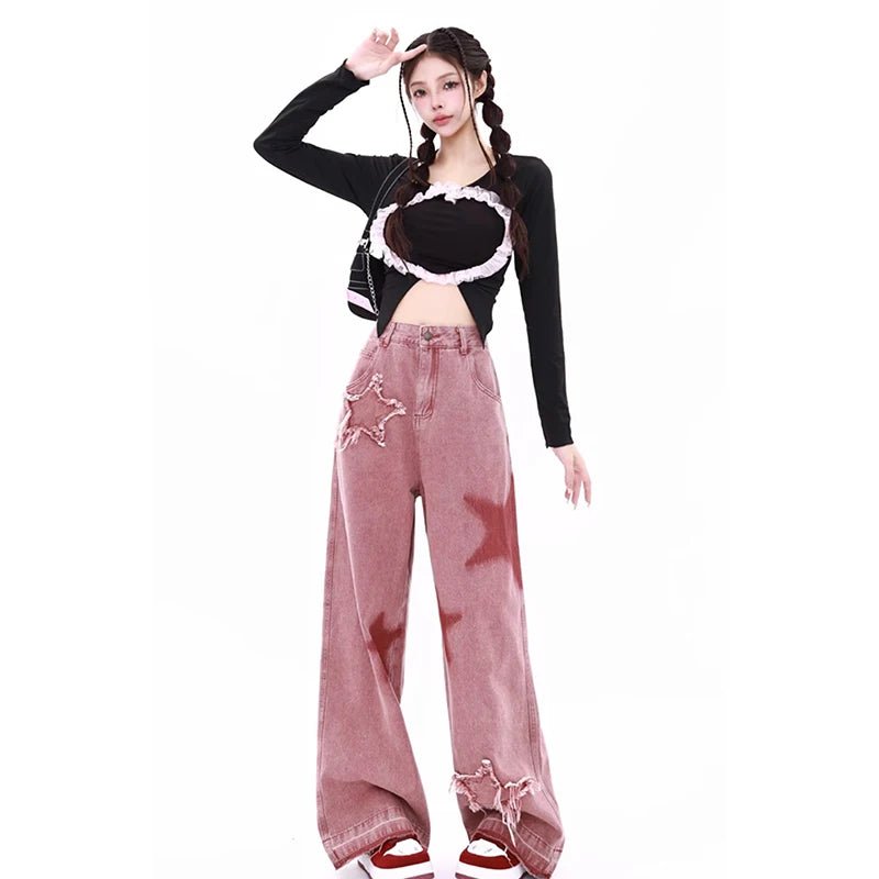 Y2K High-Waisted Pink Wide Leg Jeans - 90s Grunge Summer Outfit, Retro Y2K Fashion