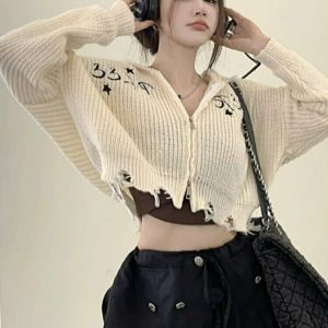 Y2K Hollow Out Cropped Cardigan - 90s Grunge, Retro Summer, Pastel Goth, Y2