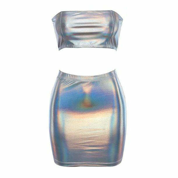 Y2K Holographic Top & Skirt Set - 90s Grunge, Retro, Summer Party, Club &