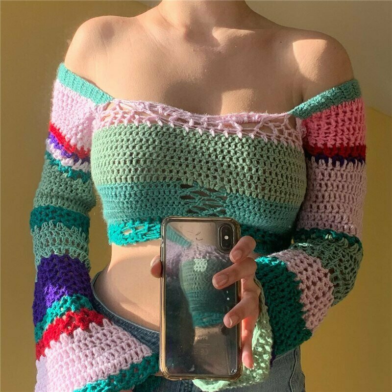 Y2K Indie Aesthetic Knit Crop Top - 90s Grunge, Retro Summer, Pastel Goth, Y2