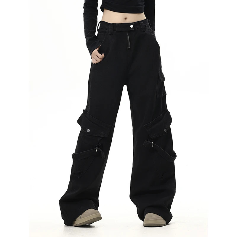 Y2K Inspired Black Cargo Jeans: Wide Leg Denim Trouser with Multiple Pockets