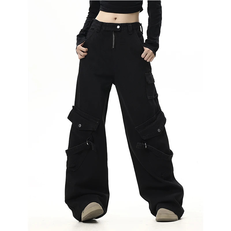 Y2K Inspired Black Cargo Jeans: Wide Leg Denim Trouser with Multiple Pockets