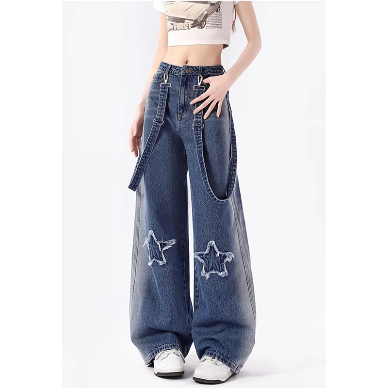 Y2K Inspired Blue Denim Strap Pants - Streetwear Fashion Jeans for Women