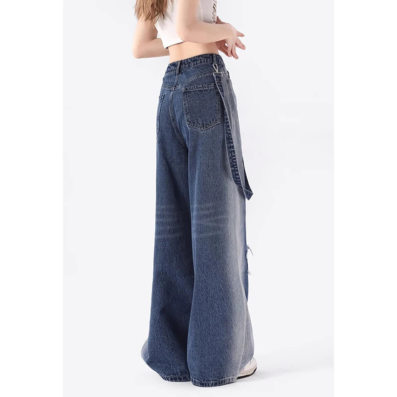 Y2K Inspired Blue Denim Strap Pants - Streetwear Fashion Jeans for Women