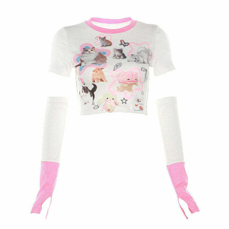 Y2K Kitten Top & Gloves Co-Ord - Retro 90s Grunge, Summer Y2K Party,