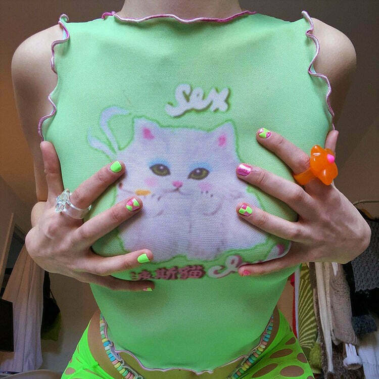 Y2K Kitty Crop Top - Retro 90s Grunge, Summer Y2K Outfits, Pastel Goth,