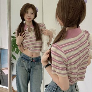 Y2K Knitted Short Sleeve Crop Top - 90s Grunge, Retro Summer, Pastel Goth, Y2