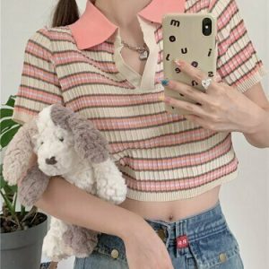 Y2K Knitted Short Sleeve Crop Top - 90s Grunge, Retro Summer, Pastel Goth, Y2