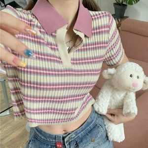 Y2K Knitted Short Sleeve Crop Top - 90s Grunge, Retro Summer, Pastel Goth, Y2