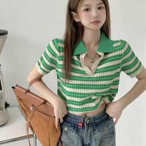 Y2K Knitted Short Sleeve Crop Top - 90s Grunge, Retro Summer, Pastel Goth, Y2