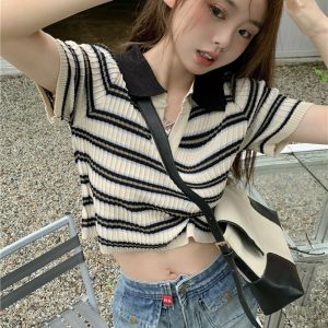 Y2K Knitted Short Sleeve Crop Top - 90s Grunge, Retro Summer, Pastel Goth, Y2