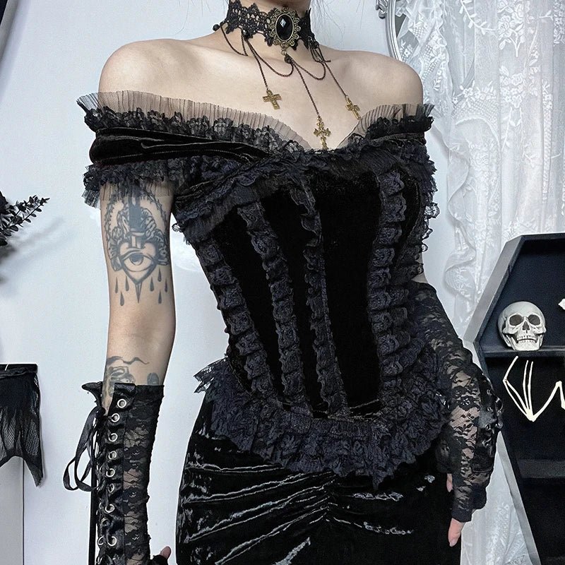 Y2K Lace Trim Off Shoulder Goth Corset Top - Retro 90s Grunge Summer Party Outfit