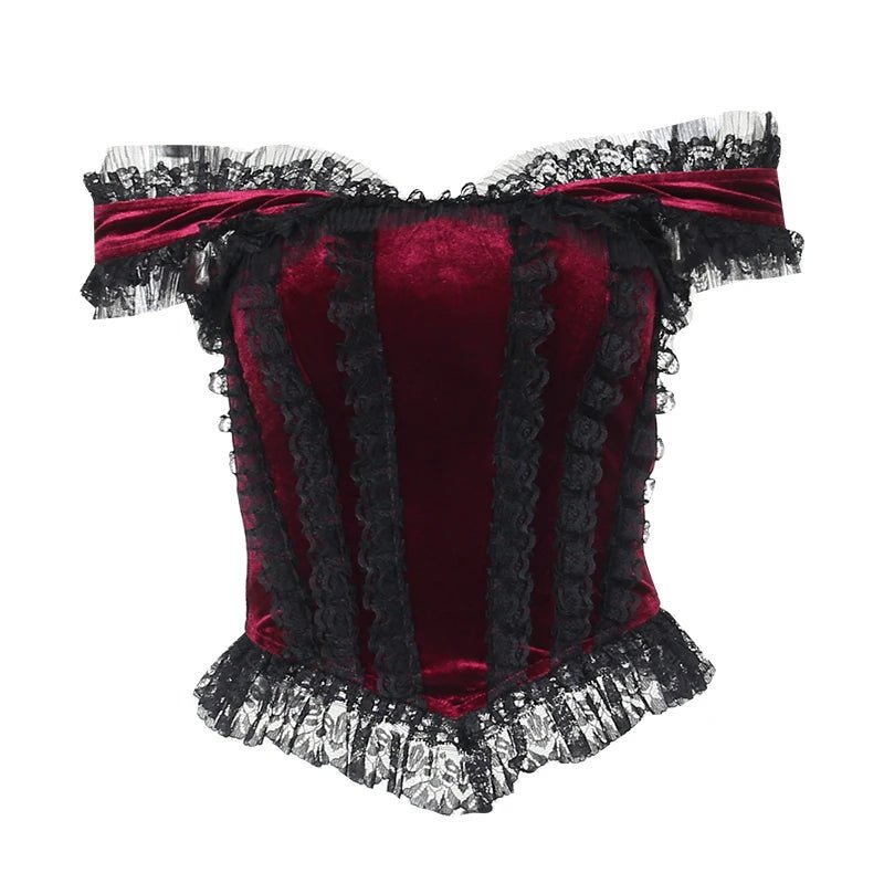 Y2K Lace Trim Off Shoulder Goth Corset Top - Retro 90s Grunge Summer Party Outfit