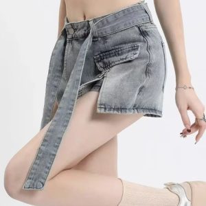 Y2K Lace-Up Blue Denim Skirt - Retro 90s Grunge Summer Outfit, Y2K Party & Club