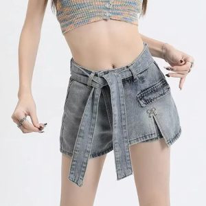 Y2K Lace-Up Blue Denim Skirt - Retro 90s Grunge Summer Outfit, Y2K Party & Club