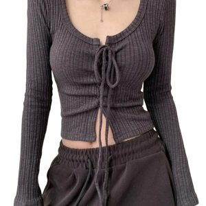 Y2K Lace Up Crop Top Sweater - 90s Grunge, Retro Summer, Pastel Goth, Party Outfit