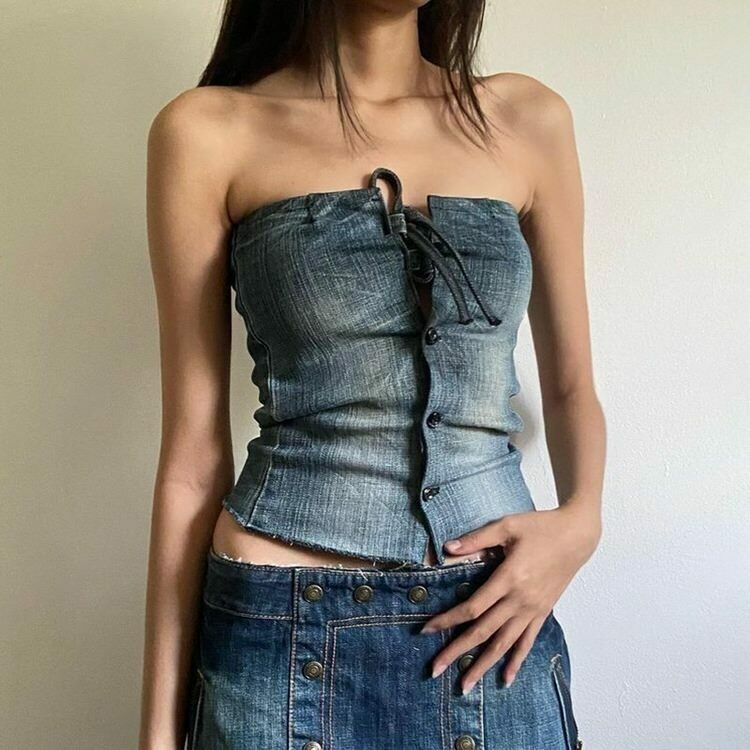 Y2K Lace Up Denim Corset Top - 90s Grunge, Retro Summer, Party & Club Outfits