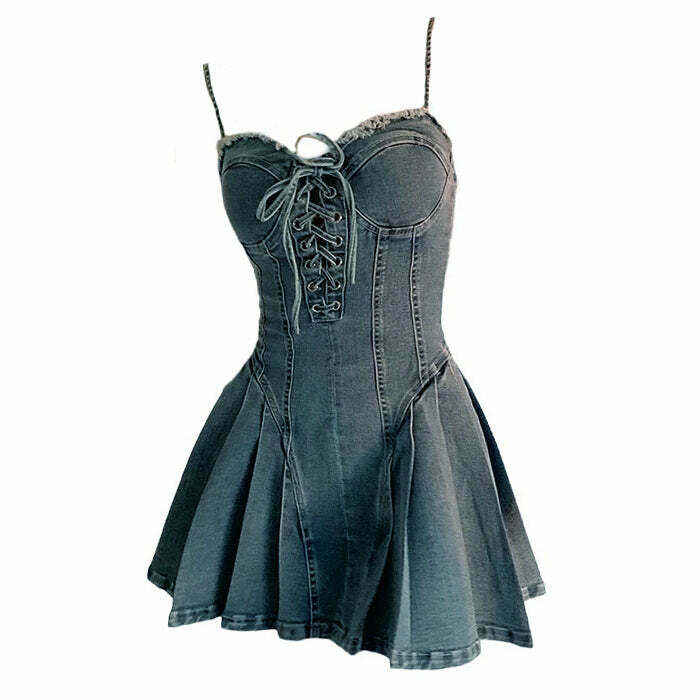 Y2K Lace Up Denim Dress - 90s Grunge Summer Outfit, Retro Y2K Fashion, Pastel Goth