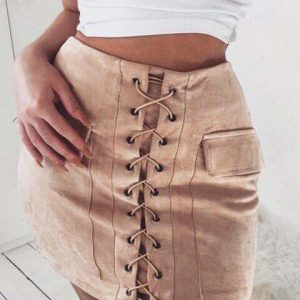 Y2K Lace Up Faux Suede Skirt - 90s Grunge, Retro, Pastel Goth, Summer &