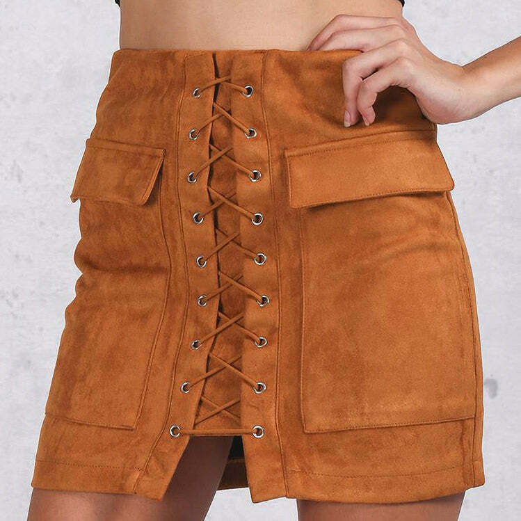 Y2K Lace Up Faux Suede Skirt - 90s Grunge, Retro, Pastel Goth, Summer &