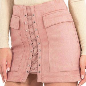 Y2K Lace Up Faux Suede Skirt - 90s Grunge, Retro, Pastel Goth, Summer &