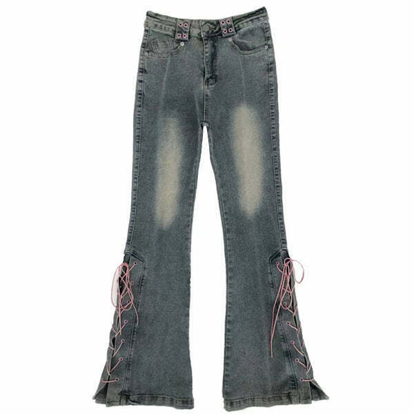 Y2K Lace Up Flared Jeans - Retro 90s Grunge, Summer Outfits, Hip Hop Fashion