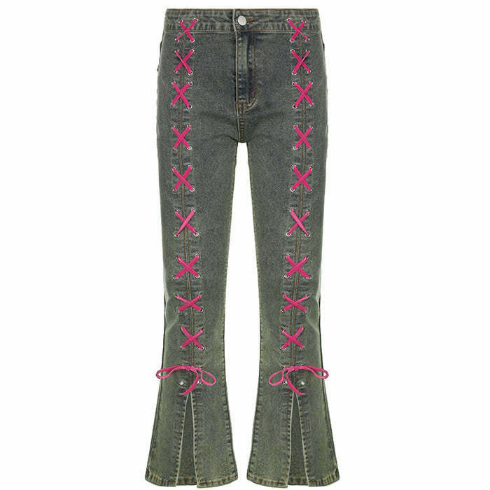 Y2K Lace Up Jeans - Retro 90s Grunge, Summer Outfits, Club & Party Fashion for Women