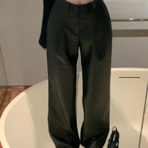 Y2K Leather Wide Leg Pants - Retro 90s Grunge, Summer Outfits, Club & Party Fashion