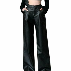 Y2K Leather Wide Leg Pants - Retro 90s Grunge, Summer Outfits, Club & Party Fashion