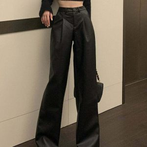 Y2K Leather Wide Leg Pants - Retro 90s Grunge, Summer Outfits, Club & Party Fashion