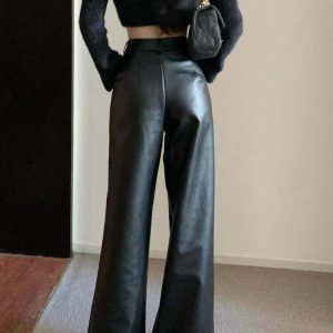 Y2K Leather Wide Leg Pants - Retro 90s Grunge, Summer Outfits, Club & Party Fashion