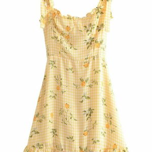 Y2K Lemon Print Plaid Dress - Retro 90s Summer Outfit, Grunge, Pastel Goth, Y2